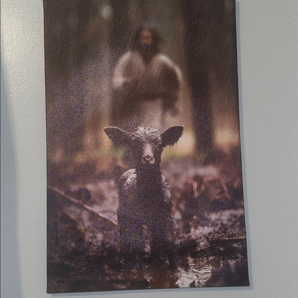 Jesus saving the lost black sheep in Rain Canvas Art 
18 X 23 - Picture 7 of 8